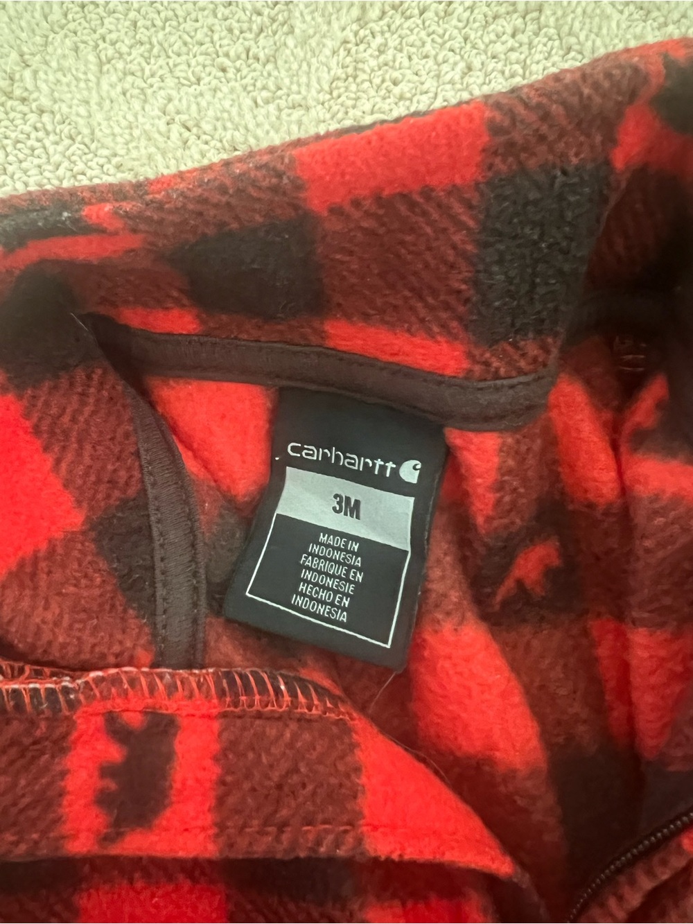 Carhartt Red and Black Buffalo Plaid Fleece Baby Zipper One-Piece. Size 3months - Picture 3 of 4